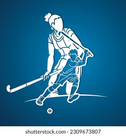 Group of Field Hockey Sport Man and Woman Players Action Cartoon Graphic Vector