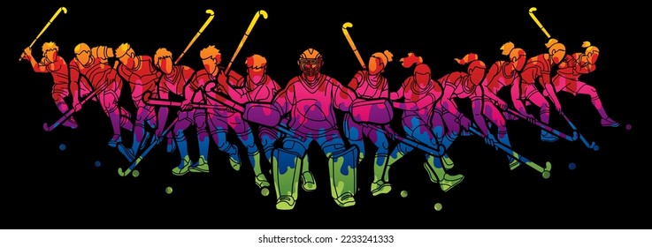 Group of Field Hockey Sport Team Male and Female Players Mix Action Cartoon Graphic Vector