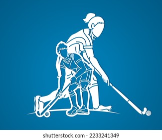 Group of Field Hockey Sport Team Male and Female Players Mix Action Cartoon Graphic Vector