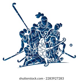 Group of Field Hockey Sport Team Female Players Mix Action Cartoon Graphic Vector