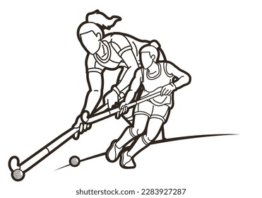 Group of Field Hockey Sport Team Female Players Mix Action Cartoon Graphic Vector