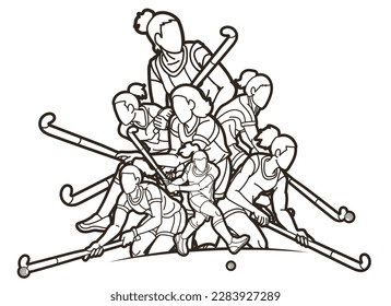 Group of Field Hockey Sport Team Female Players Mix Action Cartoon Graphic Vector
