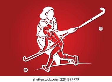 Group of Field Hockey Sport Team Mix Action Female Players Cartoon Graphic Vector