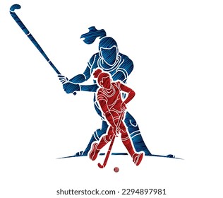 Group of Field Hockey Sport Team Mix Action Female Players Cartoon Graphic Vector