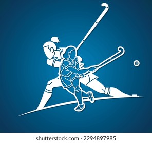 Group of Field Hockey Sport Team Mix Action Female Players Cartoon Graphic Vector