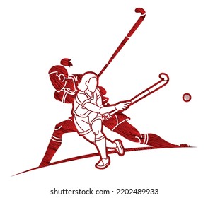 Group of Field Hockey Sport Woman Players Action Cartoon Graphic Vector