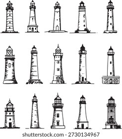 Group of fifteen different lighthouse structures drawn in sketchy black and white style. Coastal navigation aid illustrations suitable for maritime themed graphics or prints.