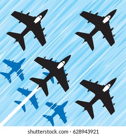 Group of fighter jets in a fast squadron flight. Vector image.