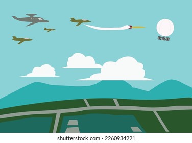 A group of fighter planes chase a spy balloon. Editable Clip Art.