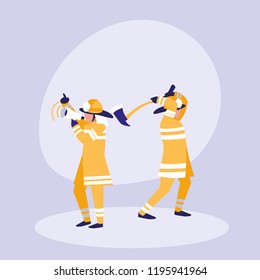 group of firefighters with megaphone with ax