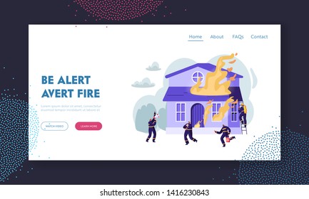 Group of Firemen Fighting with Blaze at Burning House. Team Extinguishing Big Fire, Crying to Megaphone, Carry Water Saving Dog Website Landing Page, Web Page. Cartoon Flat Vector Illustration, Banner