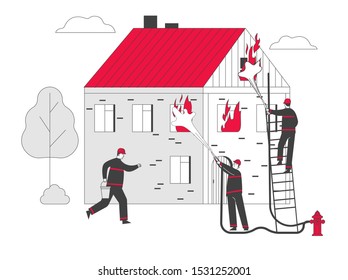 Group of Firemen Fighting with Blaze at Burning House. Male Characters Team in Firefighters Uniform Extinguish with Big Fire, Carry Buckets with Water. Cartoon Flat Vector Illustration, Line Art