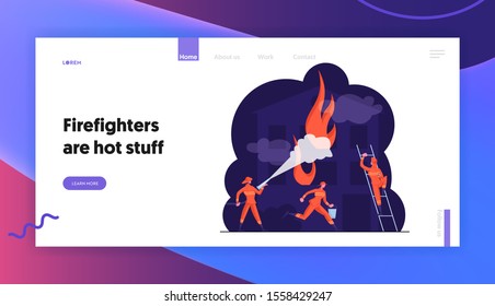 Group of Firemen Fighting with Blaze Website Landing Page. Fire Fighters Spraying Water from Hose Working as Team Fight with Big Fire at Burning House Web Page Banner. Cartoon Flat Vector Illustration
