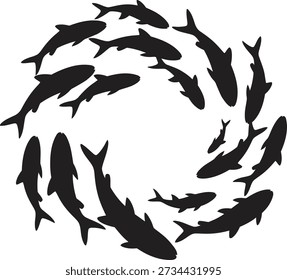 A group of fish in a circular formation depicted in silhouette, showcasing their shapes and movements in a stylized manner.