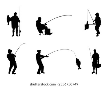 Group of Fisherman Silhouette isolated white background. Vector Illustration