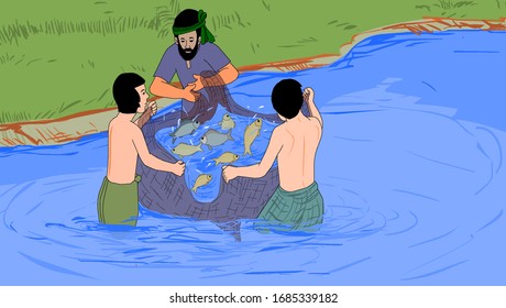 A group of fishermen are fishing in the river illustration