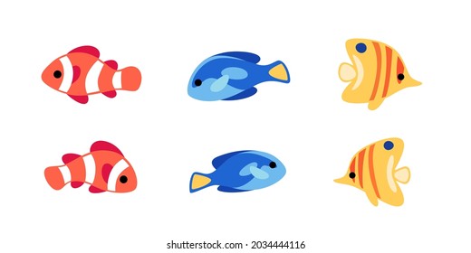 Group Of Fishes - Coral Fishes Isolated On White Background. Clown Fish, Butterfly Fish And Fish Surgeon. Vector Illustration In Colorful Style.