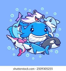 Group Of Fishes Whale, Shark, Dolphin Swimming Together Cartoon Vector Icon Illustration. Animal Nature Icon Concept Isolated Premium Vector. Flat Cartoon Style