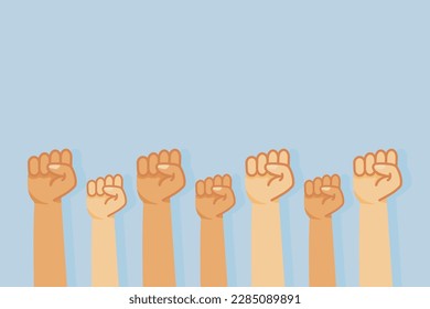 Group of fists raised in air to demonstrate or protest on a blue background, there is text copy space. Group of clenched hands design in flat cartoon style. Symbol of protest, rally, solidarity.