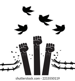 Group of fists raised in air, Protest , Freedom concept. Vector illustration