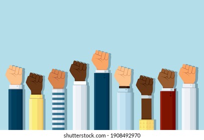 Group of fists raised in air. Group of protestors fists raised up in the air vector illustration 