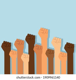 Group of fists raised in air. Group of protestors fists raised up in the air vector illustration 
