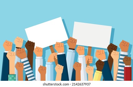 Group of fists raised in air. Group of protestors fists raised up in the air vector illustration