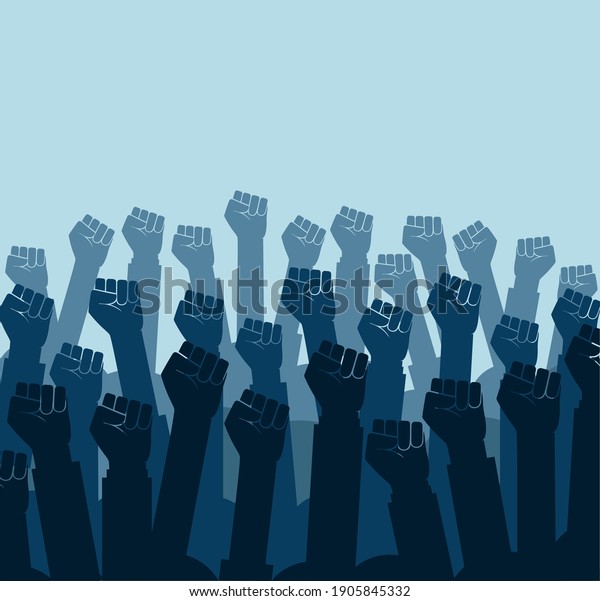 Group of fists raised in air.\
Group of protestors fists raised up in the air vector illustration\
