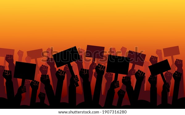Group of fists raised in air.\
Group of protestors fists raised up in the air vector\
illustration
