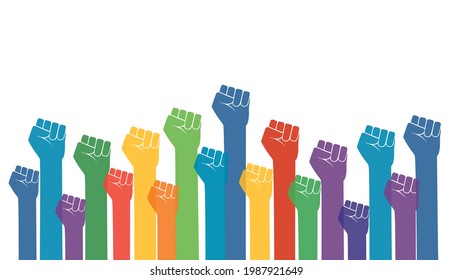 Group of fists raised in air. vector illustration