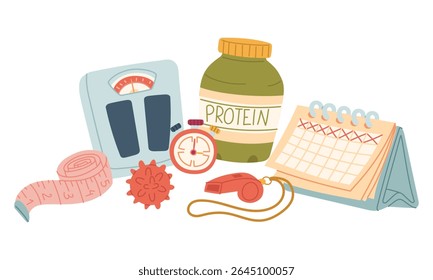 Group of fitness items. Calendar, centimeter, whistle, protein, scale, massage ball. Flat color illustration of sports theme. For sportswear, apps, packaging, and blogs, active lifestyle, workouts