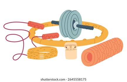 Group with fitness items. Headband, headphones, skipping rope, bandage, massage roller. Flat color illustration. Randomly scattered items. For posters, sportswear, apps, packaging, and health blogs