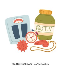 group of fitness items are scattered haphazardly. Scales, whistle, protein, stopwatch, and massage ball. Flat color illustration. For posters, sportswear, packaging, and health and lifestyle blogs