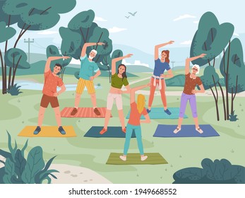 Group fitness outdoor class in city park. Vector yoga exercise on fresh air, man and woman training together with instructor, cartoon characters. Healthy lifestyle, sport activity, landscape scenery