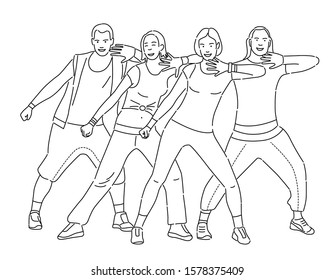 Group of fitness sport women and men in fashion sportswear dancing and doing yoga exercise isolated on white background. Outdoor street sports, urban style. Vector illustration, coloring book.