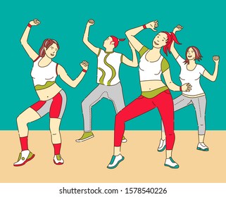 Group of fitness sport women and men in fashion sportswear dancing and doing yoga exercise isolated on white background. Outdoor street sports, urban style. Vector illustration, line art style.
