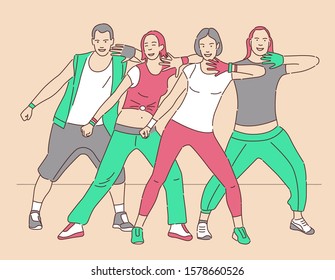 Group of fitness sport women and men in fashion sportswear dancing and doing yoga exercise isolated on white background. Outdoor street sports, urban style. Vector illustration, line art style.