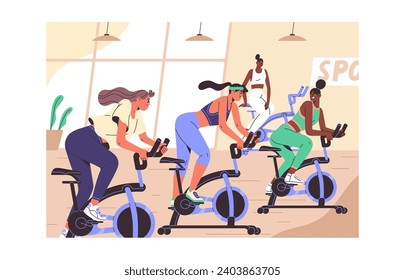 Formación de gimnasia grupal en gimnasio. Equipo multiétnico de deportistas, entrenamiento en equipo deportivo, bicicleta estática. Las mujeres delgadas hacen cardio, practican ciclismo con entrenador. Estilo de vida activo. Ilustración vectorial plana