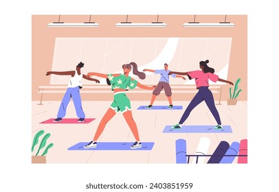 Group fitness training in gym. People go stretching in sport class. Team practices yoga, gymnastics. Characters dancing, workout with trainer in studio. Active lifestyle. Flat vector illustration