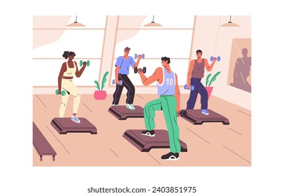 Group fitness workout in sport class. People engage step training, practice cardio exercise. Sporty team holds dumbbells, goes bench aerobics with coach. Active lifestyle. Flat vector illustration