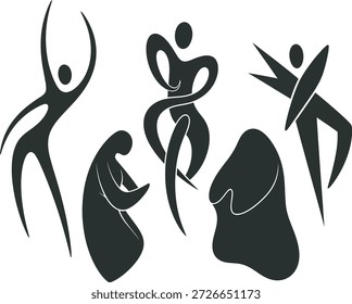 Un grupo de cinco figuras humanas abstractas en silueta negra, posadas en movimientos de danza dinámica sobre un fondo blanco.