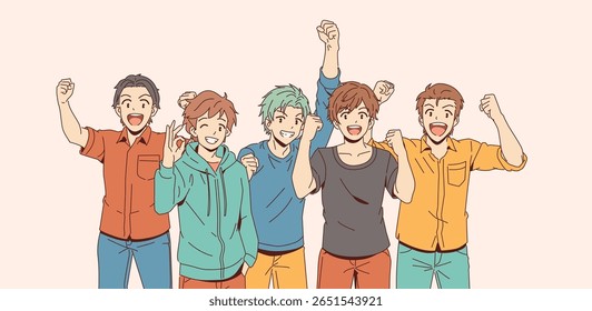 Group of five animated friends expressing joy and excitement. They stand together raising arms cheerfully. Light pastel background accentuates their happiness.