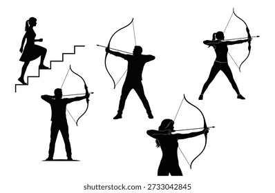 A group of five archers in different stances, shooting bows and arrows, depicted in a black silhouette against a white background.