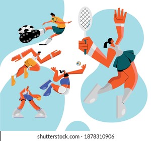 group of five athletes practicing sports characters vector illustration design