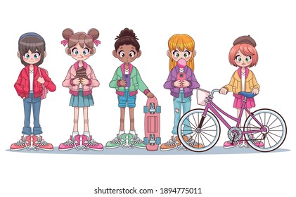 group of five beautiful interracial teenagers girls anime characters vector illustration design