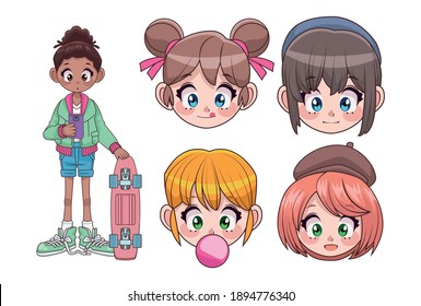 group of five beautiful interracial teenagers girls anime heads characters vector illustration design