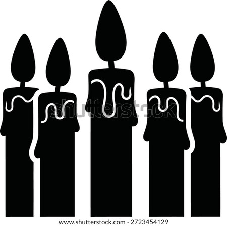 A group of five black candles in silhouette with melted wax and distinct flame shapes on a white background.