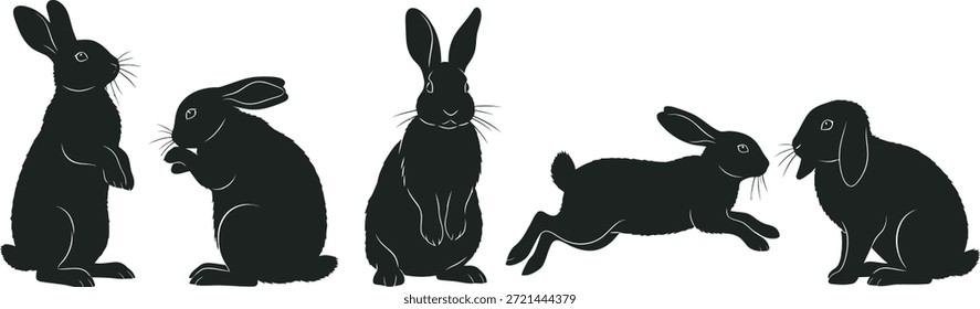 Un grupo de cinco siluetas de conejo negro en varias poses lúdicas sobre un fondo blanco limpio, que simbolizan la alegría y la festividad de Pascua