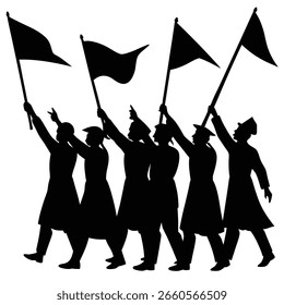 A group of five black silhouettes are marching together, each holding a black flag on a pole. Their arms are raised, and some are pointing forward.