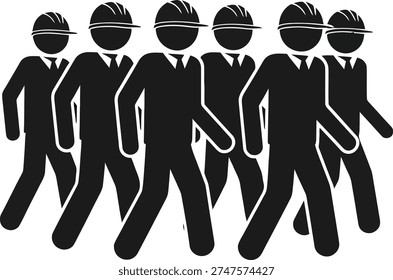A group of five black silhouettes of men in suits and hats walking together in a line on a white background